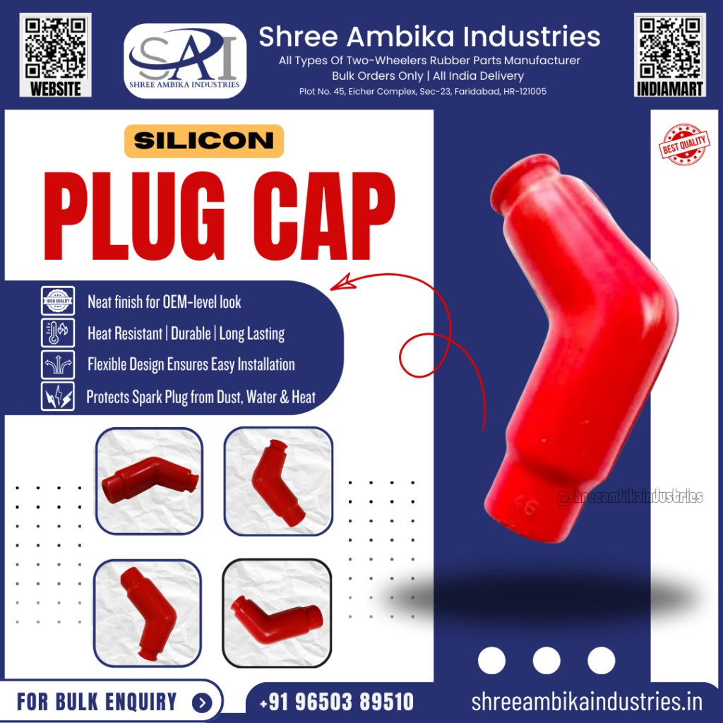 Product poster for Shree Ambika Industries’ aftermarket red silicone plug cap for two‑wheeler spark plugs, showing multiple views of the cap and text highlighting OEM‑style neat finish, heat resistance, durability, flexible design for easy installation, protection from dust, water and heat, and bulk enquiry contact details.