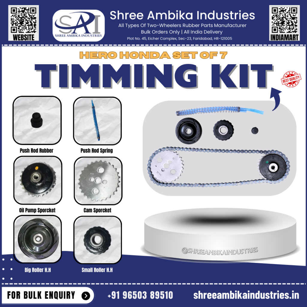 7 piece two wheeler timing kit with chain, sprockets, rollers, push rod rubber and spring by Shree Ambika Industries