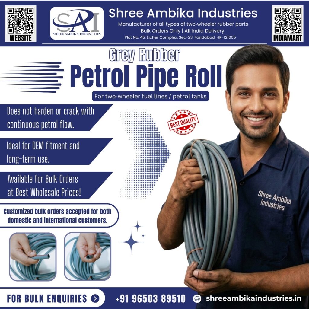 Grey rubber petrol pipe roll for two‑wheeler fuel lines manufactured by Shree Ambika Industries – bulk wholesale supplier in India