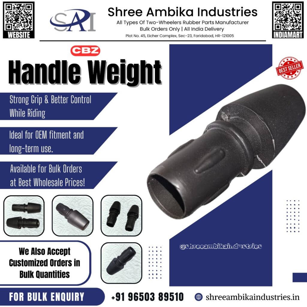 Marketing poster of Shree Ambika Industries showing a black aftermarket handle weight compatible with CBZ motorcycles, multiple product views, and text about strong grip, better control, OEM‑style fitment, bulk and customised orders, contact number, website, and all‑India delivery.