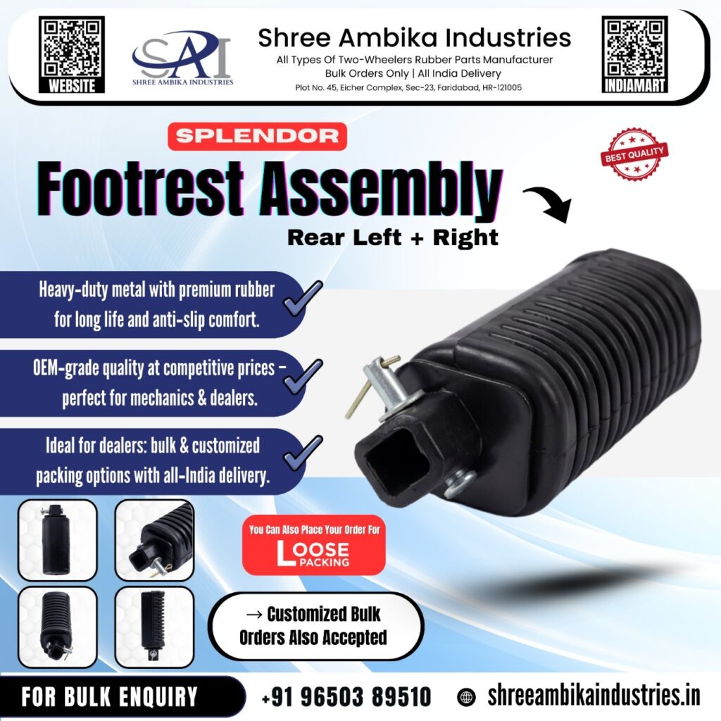 Promotional poster of Shree Ambika Industries showing a black aftermarket rear footrest assembly for Splendor‑type motorcycles, with multiple product views and text about heavy‑duty metal with premium rubber, anti‑slip comfort, OE‑style fitment, bulk and customised packing, loose packing option, all‑India delivery, contact number and website.

