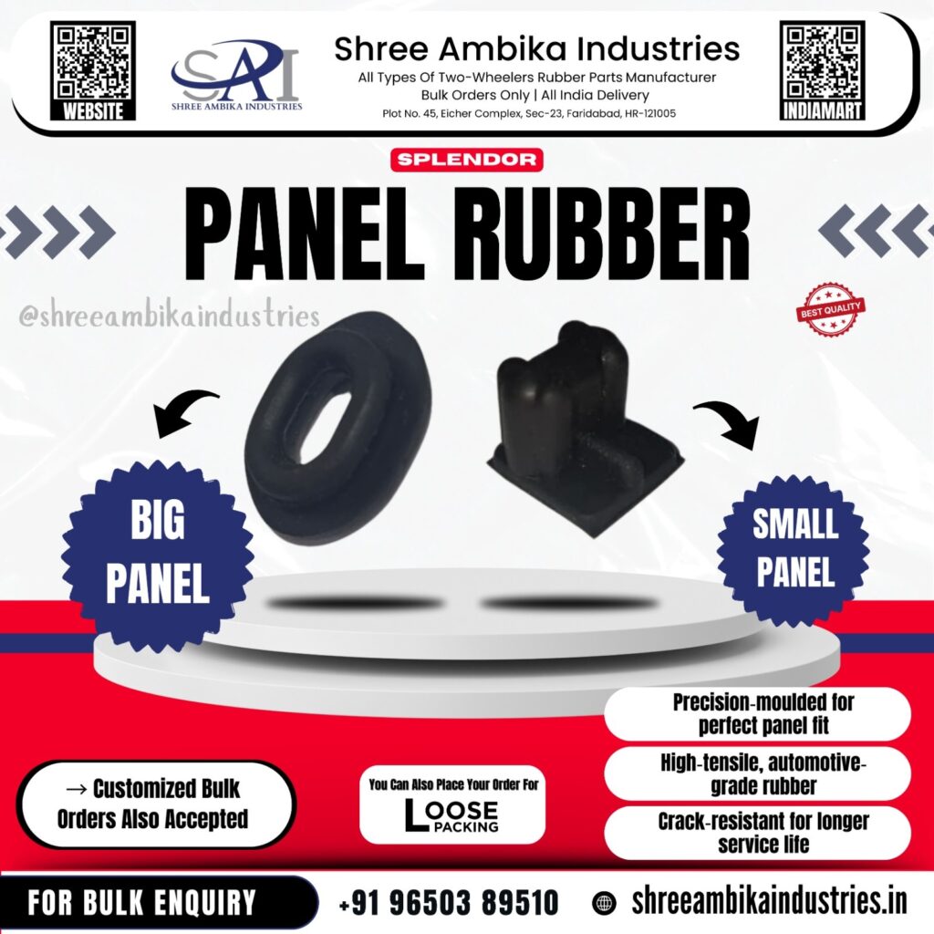 Shree Ambika Industries aftermarket panel rubber set for Splendor type motorcycles, showing black big panel rubber and small panel rubber used for two-wheeler body panels.