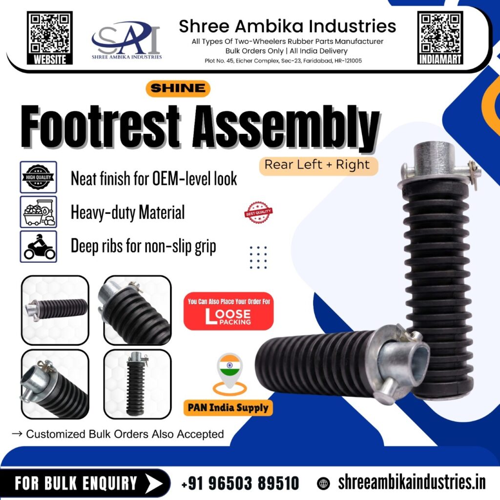 Aftermarket rear left and right Shine‑type motorcycle footrest assembly with black ribbed rubber and metal mounts by Shree Ambika Industries

